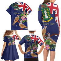 Personalised British Virgin Islands Family Matching Long Sleeve Bodycon Dress and Hawaiian Shirt Two Turtle Doves Tropical Flowers