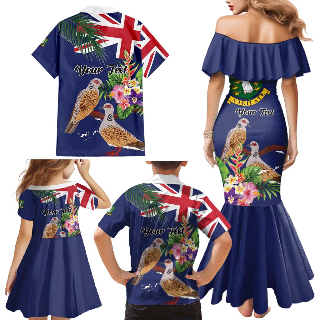 Personalised British Virgin Islands Family Matching Mermaid Dress and Hawaiian Shirt Two Turtle Doves Tropical Flowers