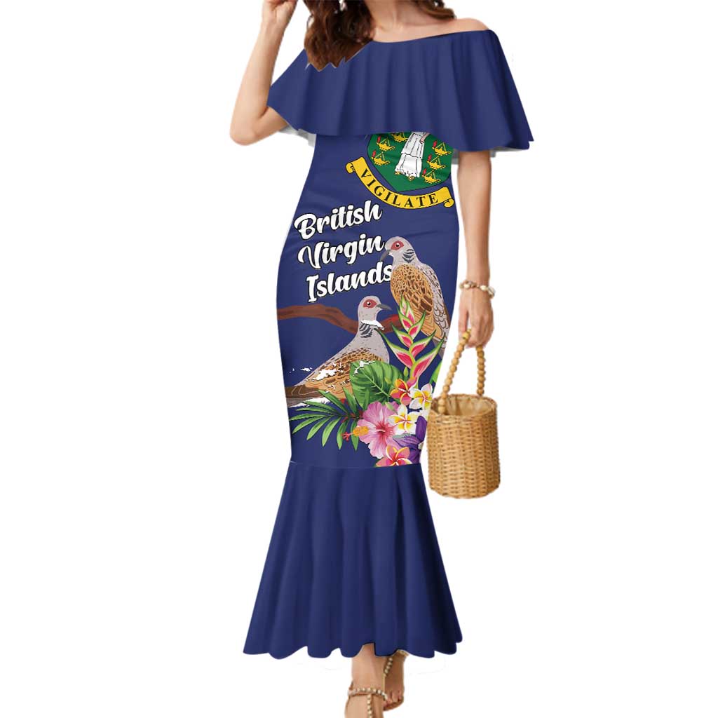 Personalised British Virgin Islands Family Matching Mermaid Dress and Hawaiian Shirt Two Turtle Doves Tropical Flowers