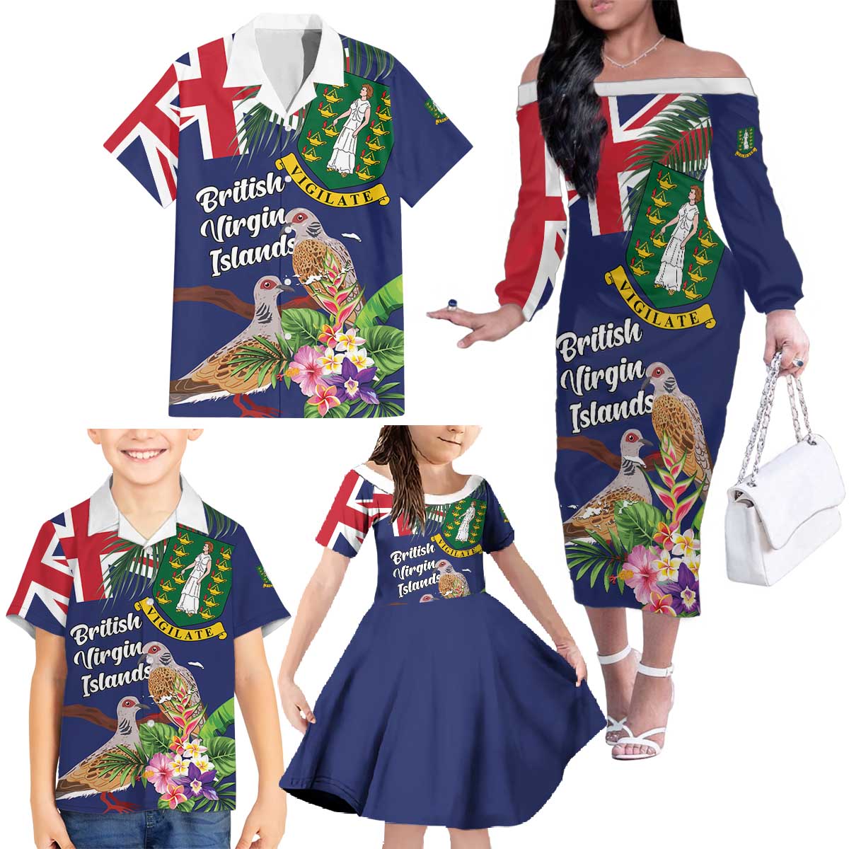 Personalised British Virgin Islands Family Matching Off The Shoulder Long Sleeve Dress and Hawaiian Shirt Two Turtle Doves Tropical Flowers