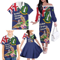 Personalised British Virgin Islands Family Matching Off The Shoulder Long Sleeve Dress and Hawaiian Shirt Two Turtle Doves Tropical Flowers