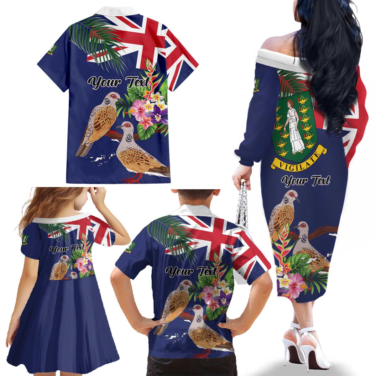 Personalised British Virgin Islands Family Matching Off The Shoulder Long Sleeve Dress and Hawaiian Shirt Two Turtle Doves Tropical Flowers