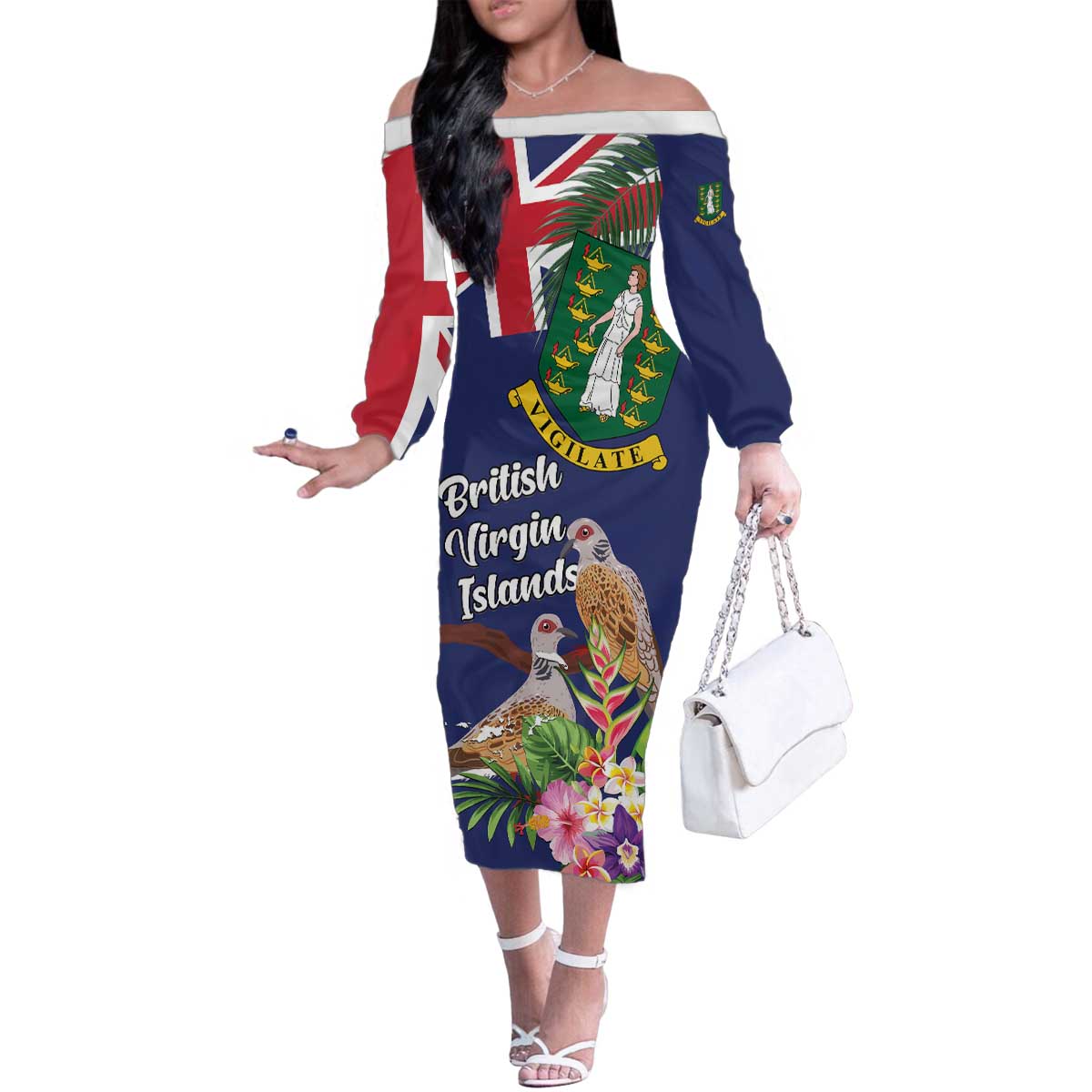 Personalised British Virgin Islands Family Matching Off The Shoulder Long Sleeve Dress and Hawaiian Shirt Two Turtle Doves Tropical Flowers