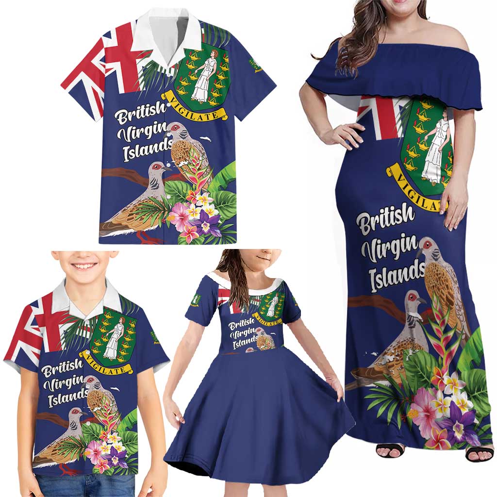 Personalised British Virgin Islands Family Matching Off Shoulder Maxi Dress and Hawaiian Shirt Two Turtle Doves Tropical Flowers