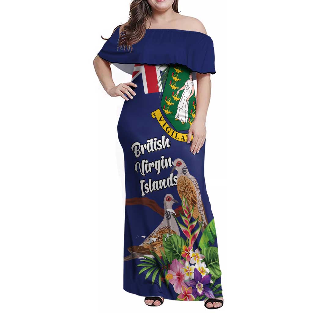Personalised British Virgin Islands Family Matching Off Shoulder Maxi Dress and Hawaiian Shirt Two Turtle Doves Tropical Flowers