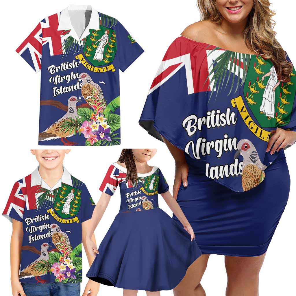 Personalised British Virgin Islands Family Matching Off Shoulder Short Dress and Hawaiian Shirt Two Turtle Doves Tropical Flowers