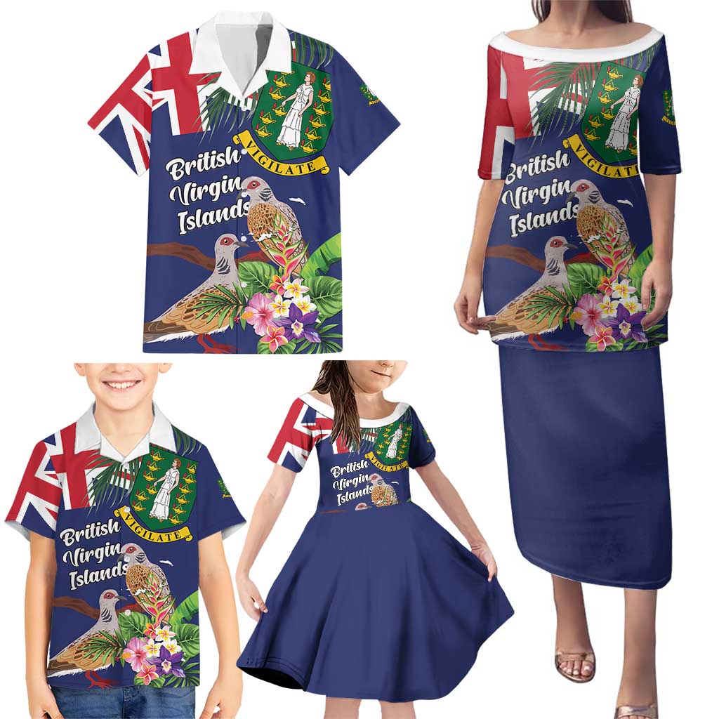Personalised British Virgin Islands Family Matching Puletasi and Hawaiian Shirt Two Turtle Doves Tropical Flowers