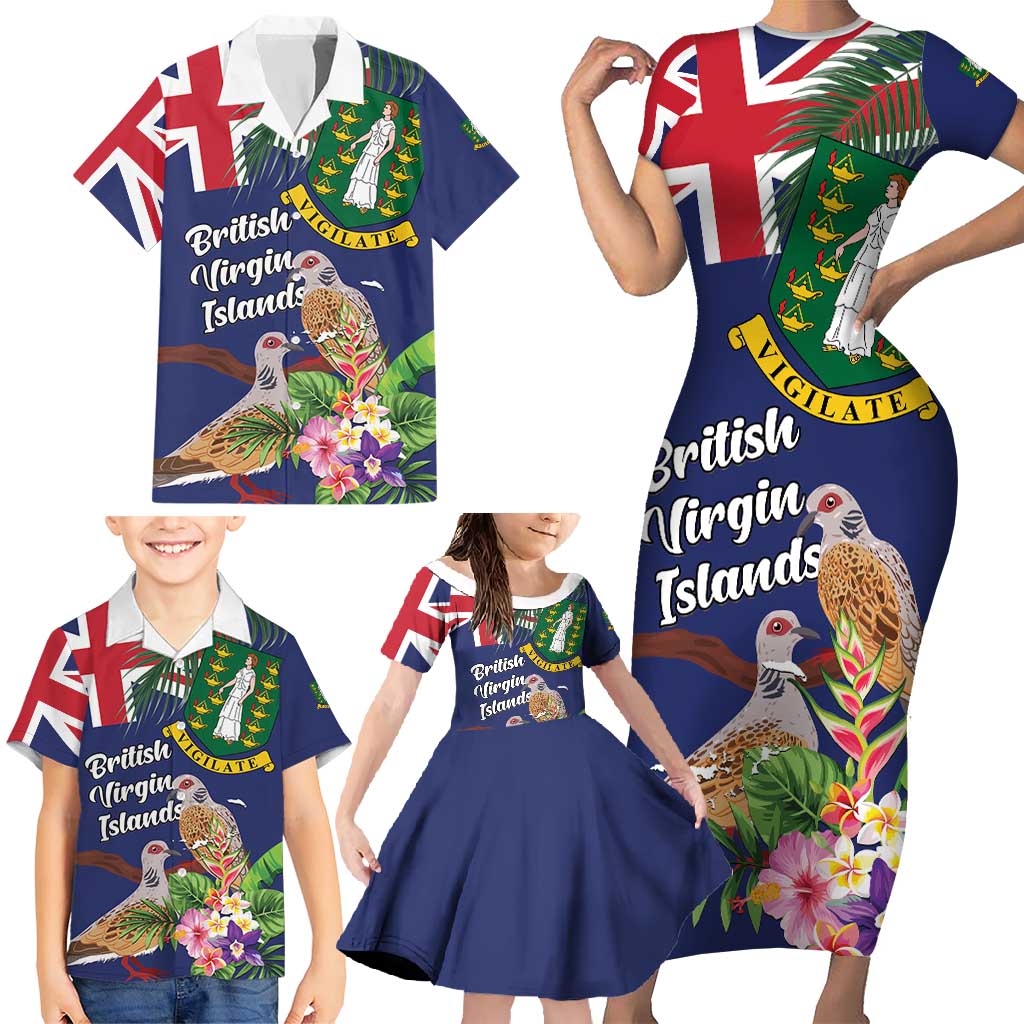 Personalised British Virgin Islands Family Matching Short Sleeve Bodycon Dress and Hawaiian Shirt Two Turtle Doves Tropical Flowers