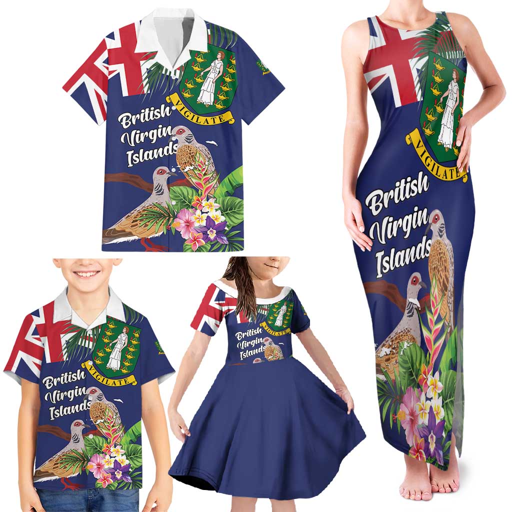 Personalised British Virgin Islands Family Matching Tank Maxi Dress and Hawaiian Shirt Two Turtle Doves Tropical Flowers