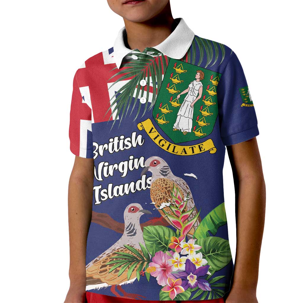 Personalised British Virgin Islands Kid Polo Shirt Two Turtle Doves Tropical Flowers