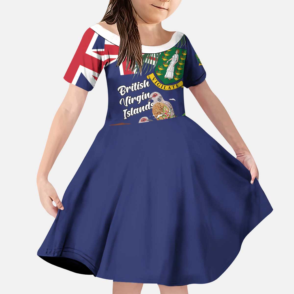 Personalised British Virgin Islands Kid Short Sleeve Dress Two Turtle Doves Tropical Flowers