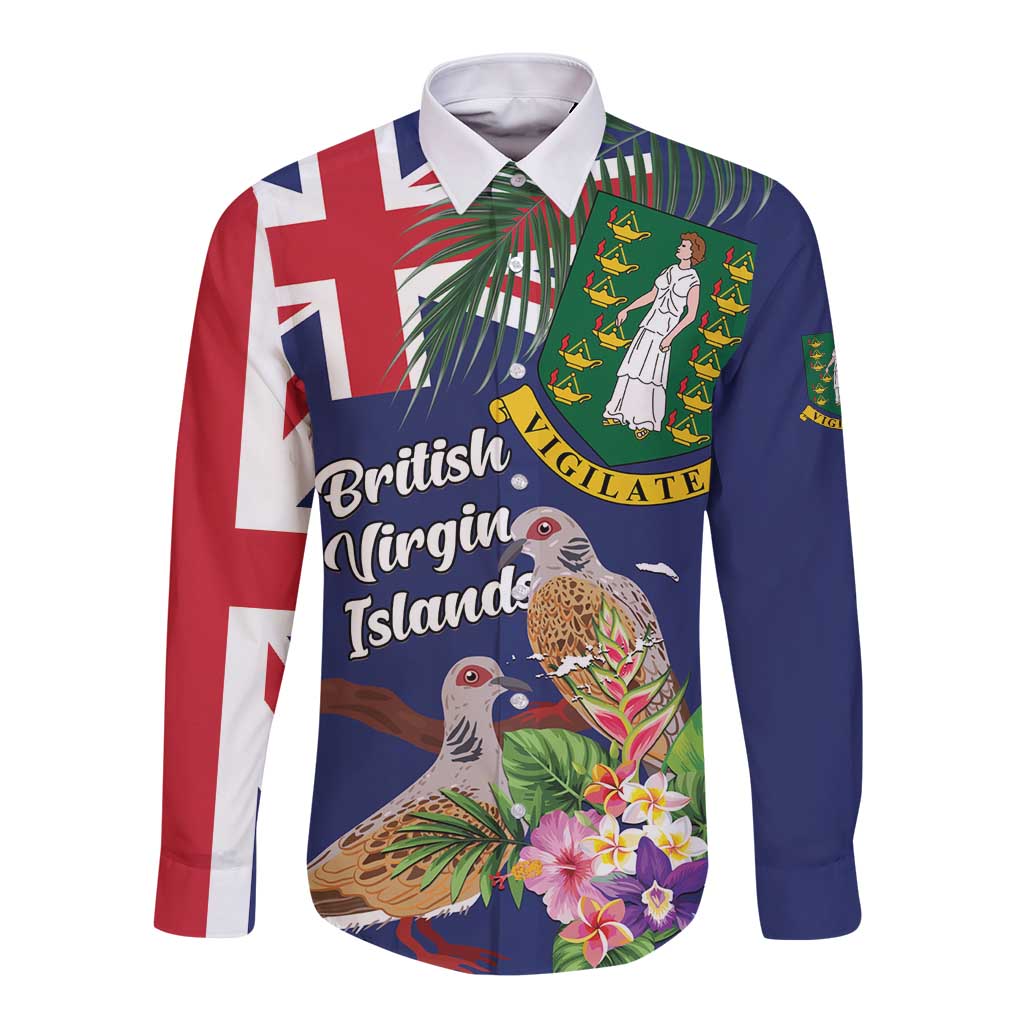 Personalised British Virgin Islands Long Sleeve Button Shirt Two Turtle Doves Tropical Flowers
