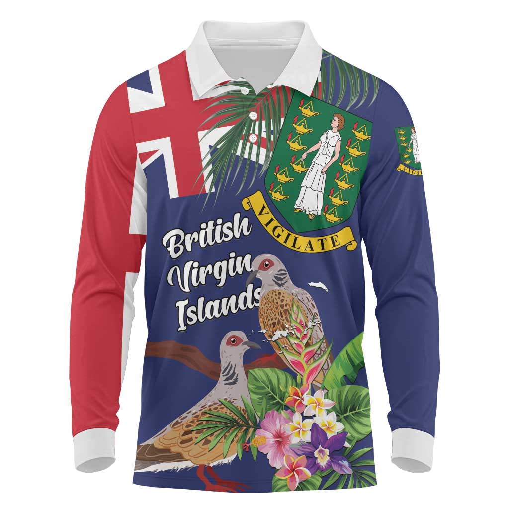 Personalised British Virgin Islands Long Sleeve Polo Shirt Two Turtle Doves Tropical Flowers