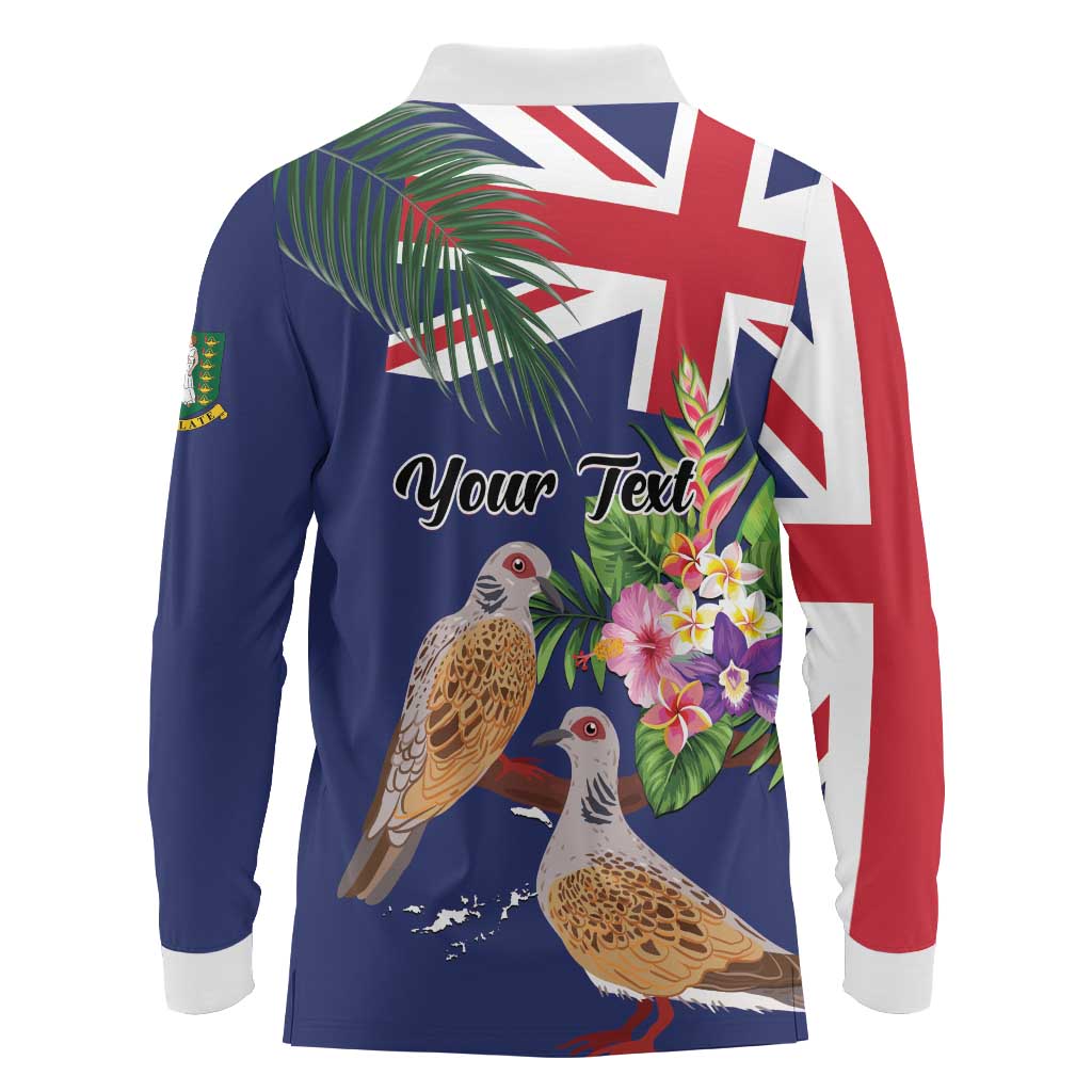 Personalised British Virgin Islands Long Sleeve Polo Shirt Two Turtle Doves Tropical Flowers