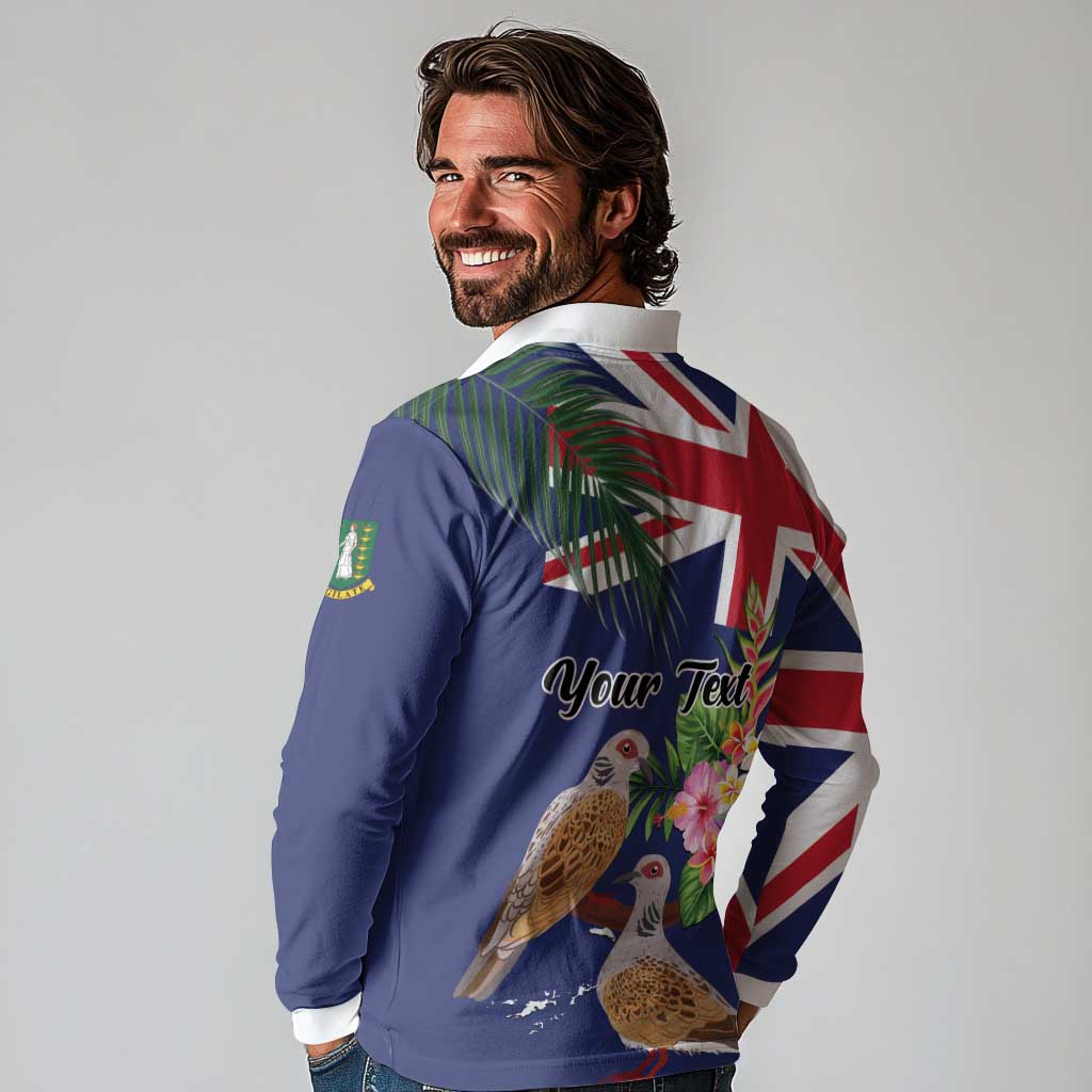 Personalised British Virgin Islands Long Sleeve Polo Shirt Two Turtle Doves Tropical Flowers