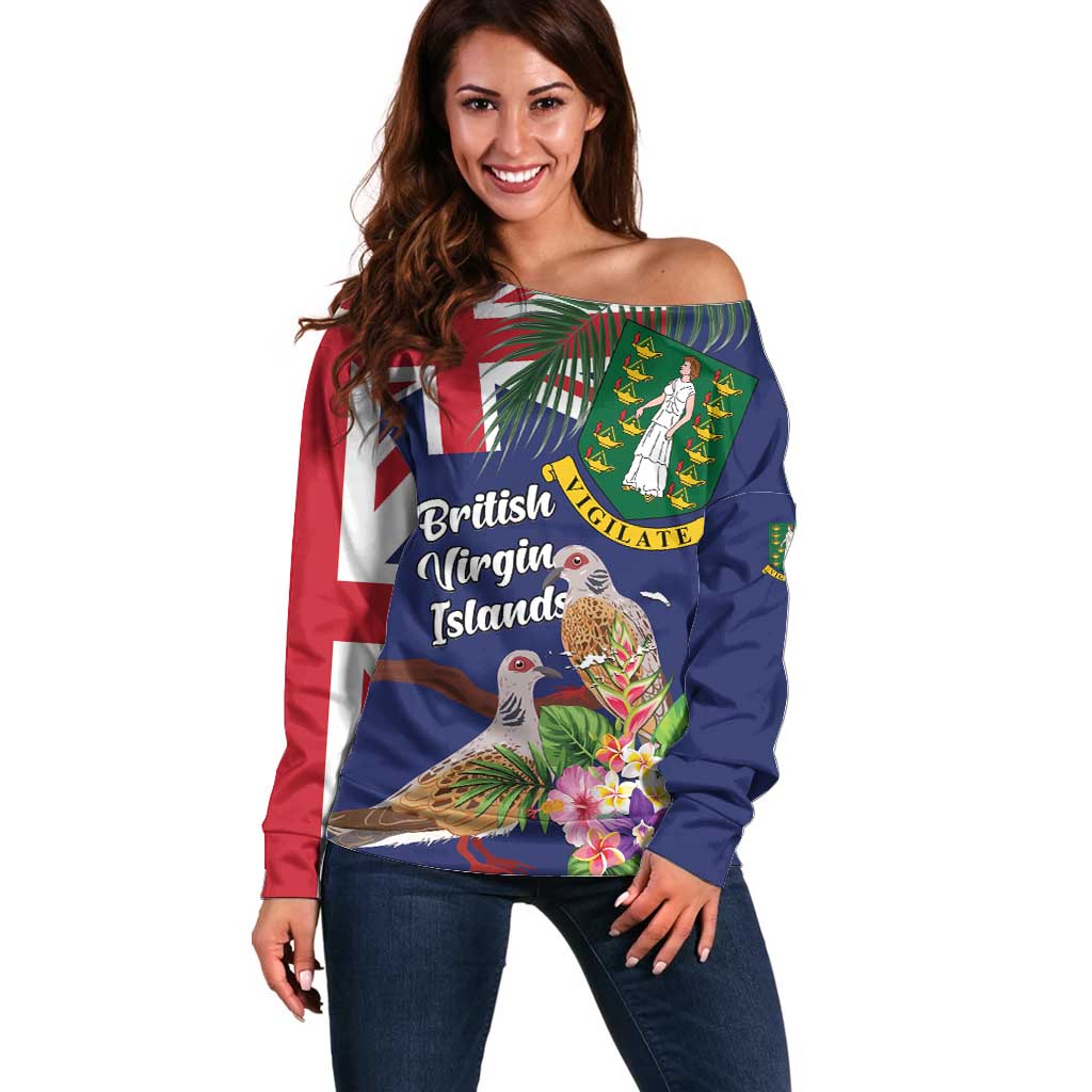 Personalised British Virgin Islands Off Shoulder Sweater Two Turtle Doves Tropical Flowers