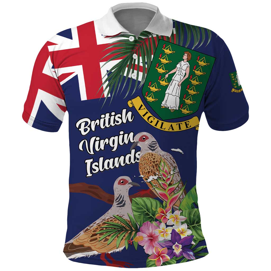 Personalised British Virgin Islands Polo Shirt Two Turtle Doves Tropical Flowers