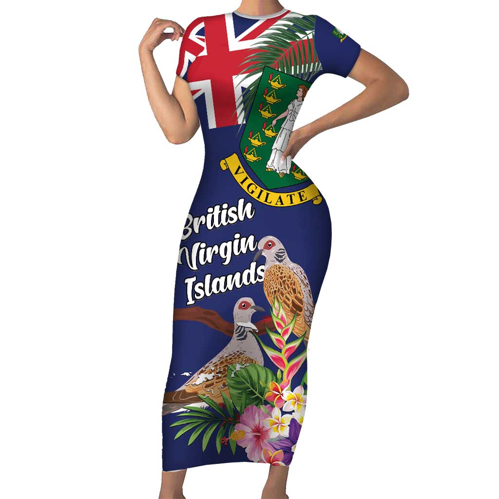 Personalised British Virgin Islands Short Sleeve Bodycon Dress Two Turtle Doves Tropical Flowers