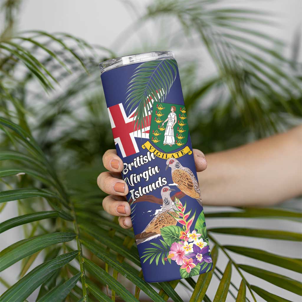 Personalised British Virgin Islands Skinny Tumbler Two Turtle Doves Tropical Flowers