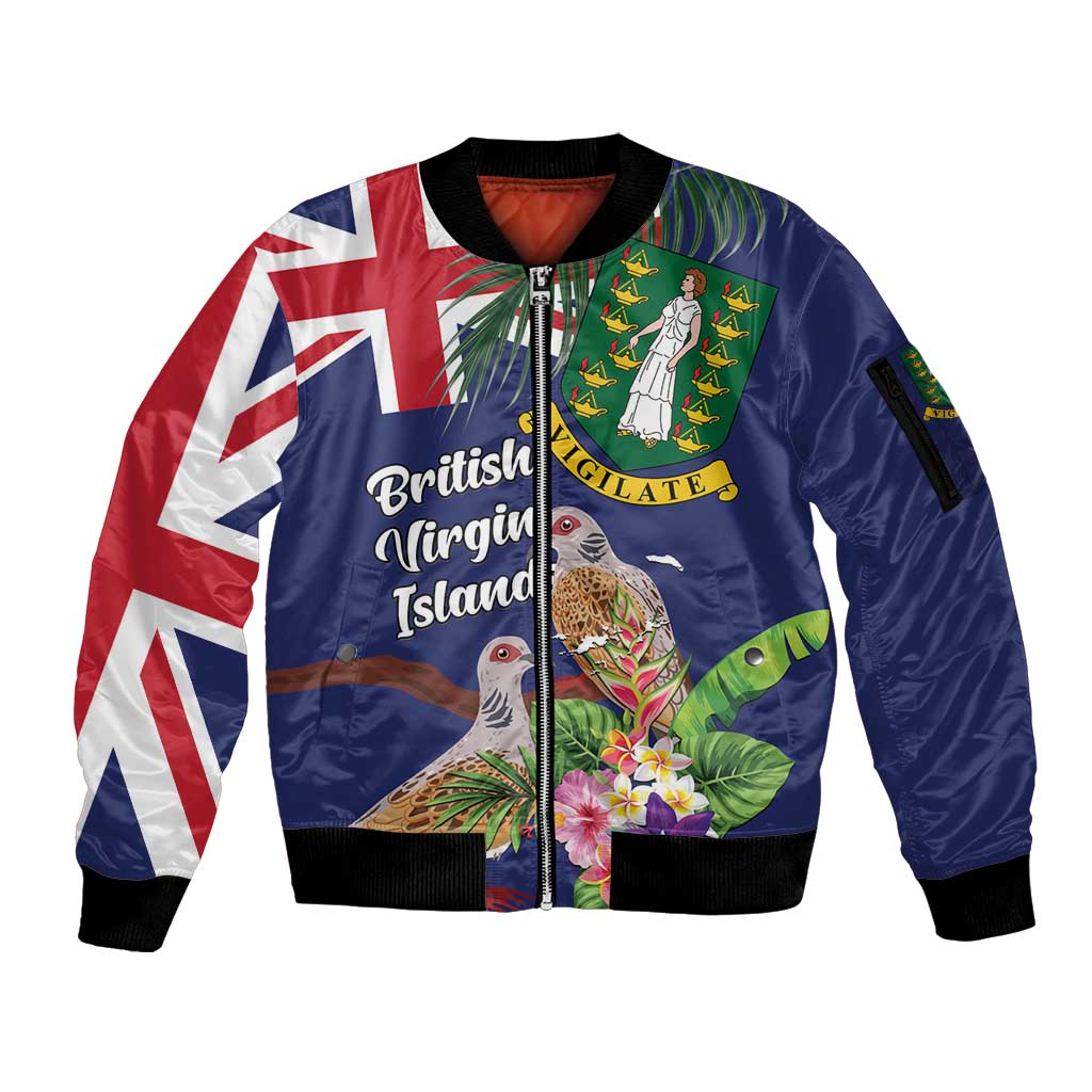 Personalised British Virgin Islands Sleeve Zip Bomber Jacket Two Turtle Doves Tropical Flowers