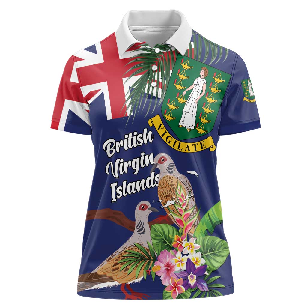 Personalised British Virgin Islands Women Polo Shirt Two Turtle Doves Tropical Flowers