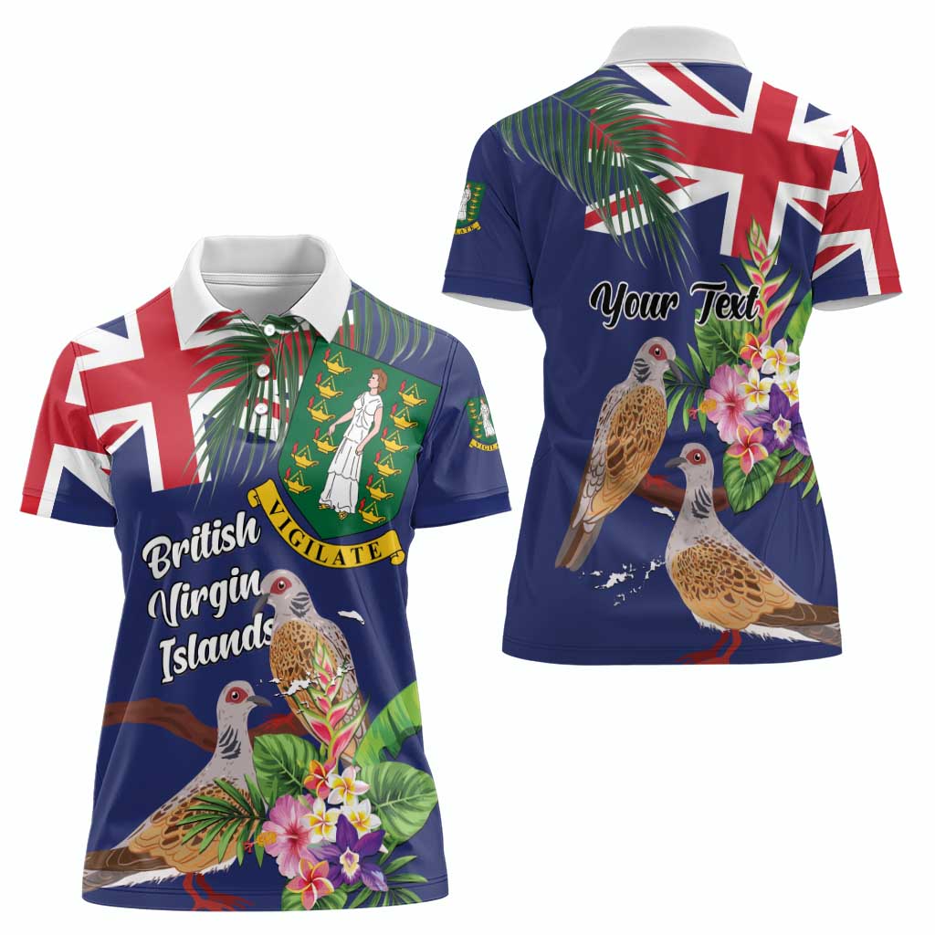 Personalised British Virgin Islands Women Polo Shirt Two Turtle Doves Tropical Flowers