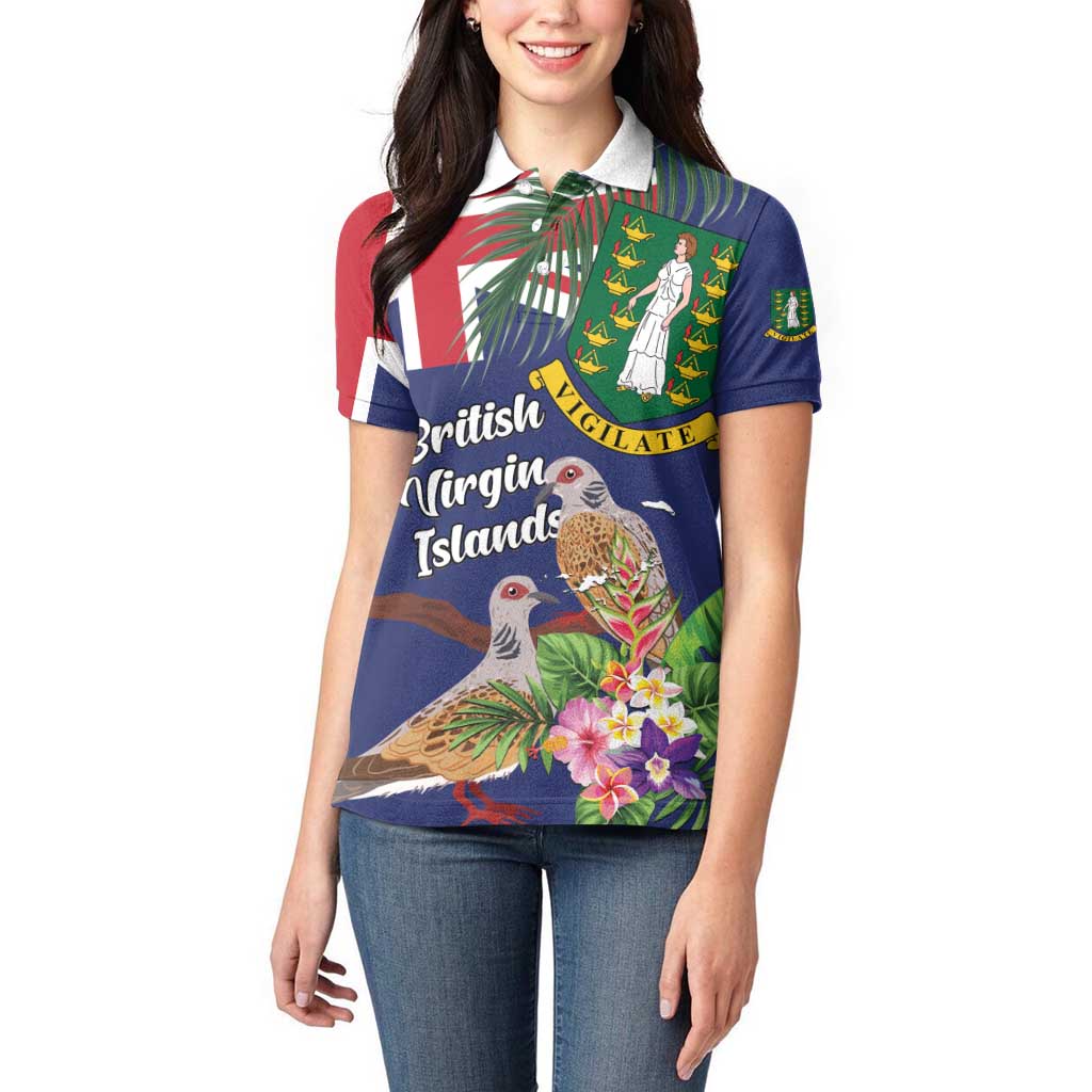 Personalised British Virgin Islands Women Polo Shirt Two Turtle Doves Tropical Flowers