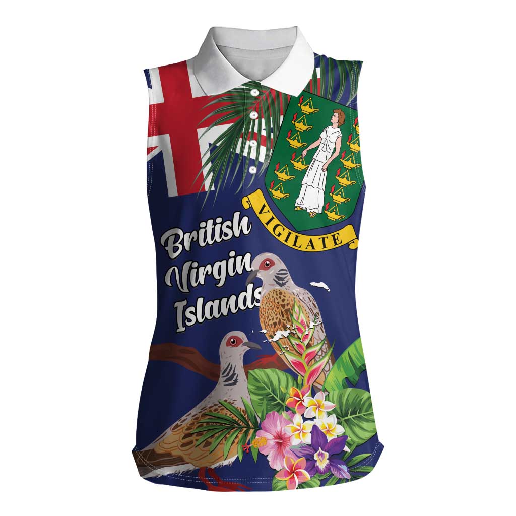 Personalised British Virgin Islands Women Sleeveless Polo Shirt Two Turtle Doves Tropical Flowers