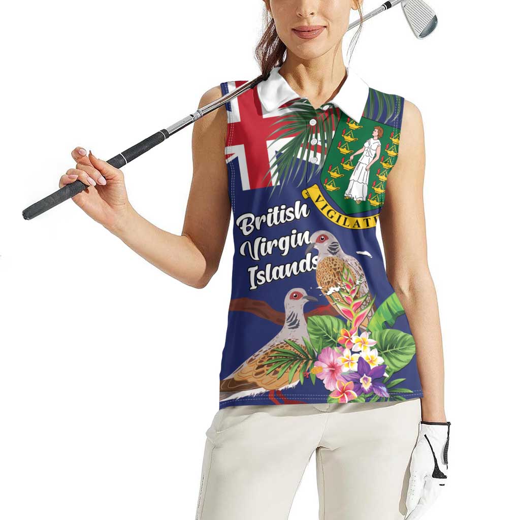 Personalised British Virgin Islands Women Sleeveless Polo Shirt Two Turtle Doves Tropical Flowers