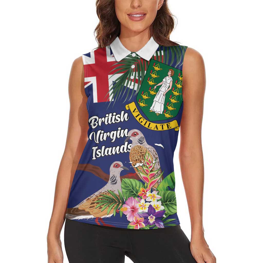 Personalised British Virgin Islands Women Sleeveless Polo Shirt Two Turtle Doves Tropical Flowers