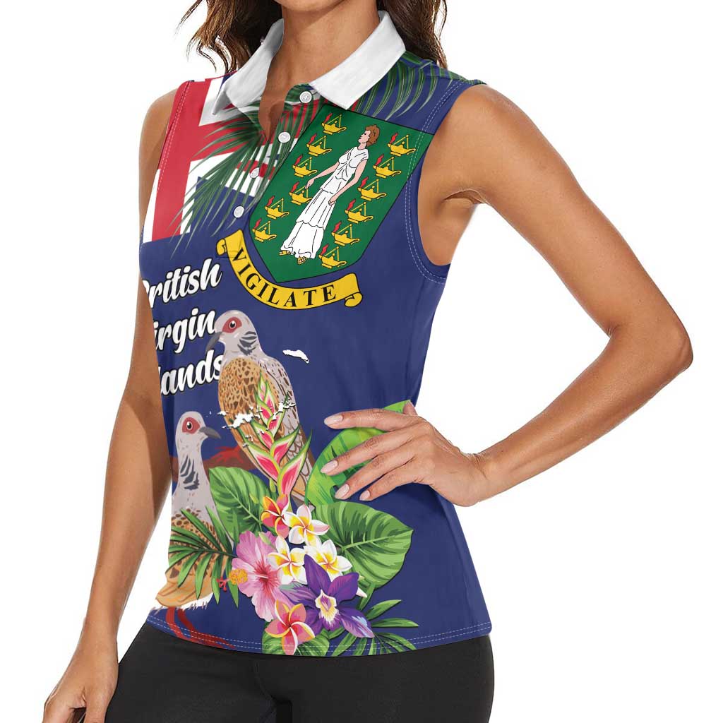 Personalised British Virgin Islands Women Sleeveless Polo Shirt Two Turtle Doves Tropical Flowers