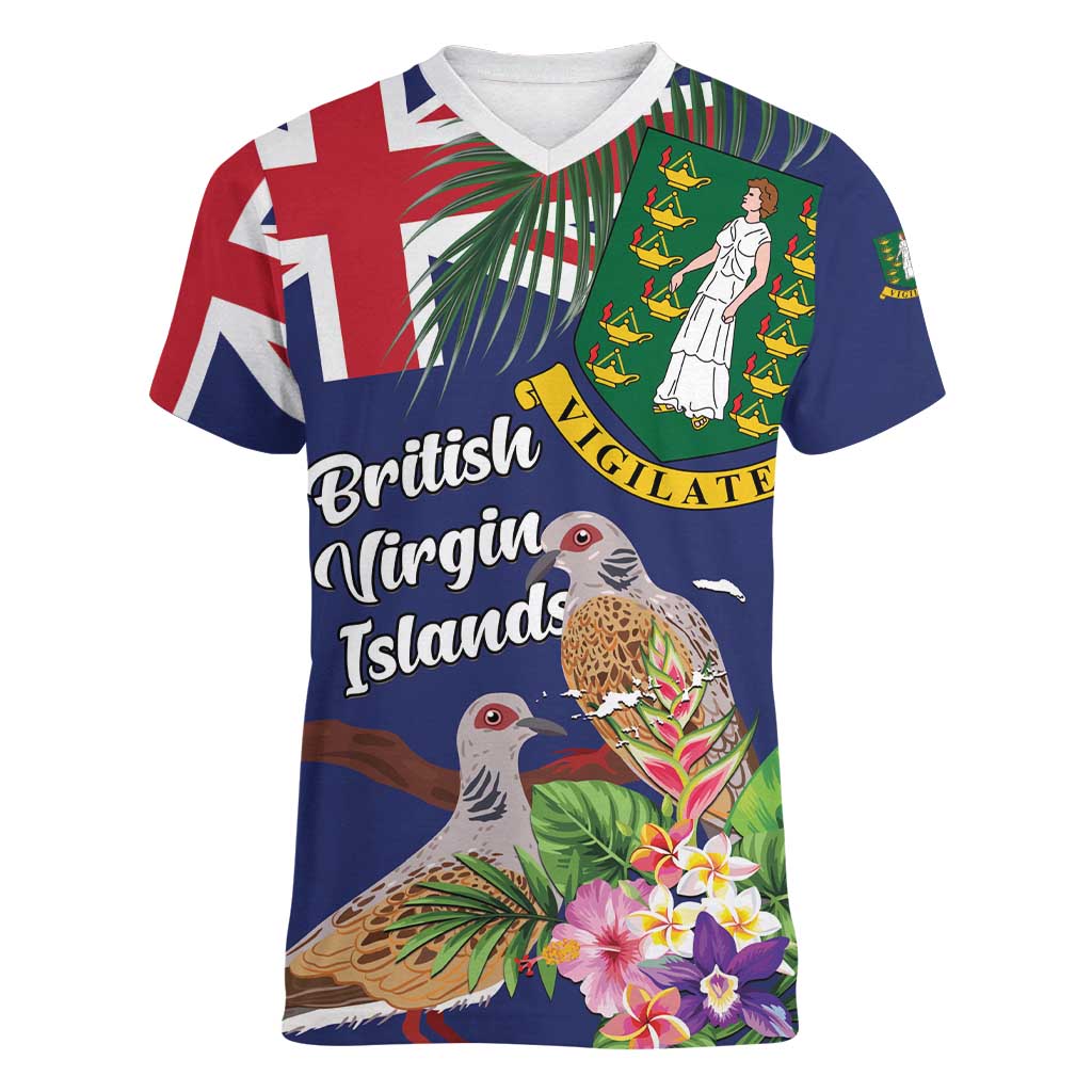 Personalised British Virgin Islands Women V-Neck T-Shirt Two Turtle Doves Tropical Flowers