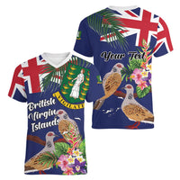 Personalised British Virgin Islands Women V-Neck T-Shirt Two Turtle Doves Tropical Flowers
