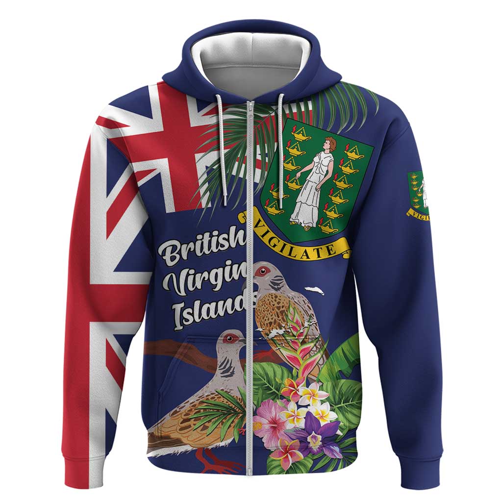 Personalised British Virgin Islands Zip Hoodie Two Turtle Doves Tropical Flowers