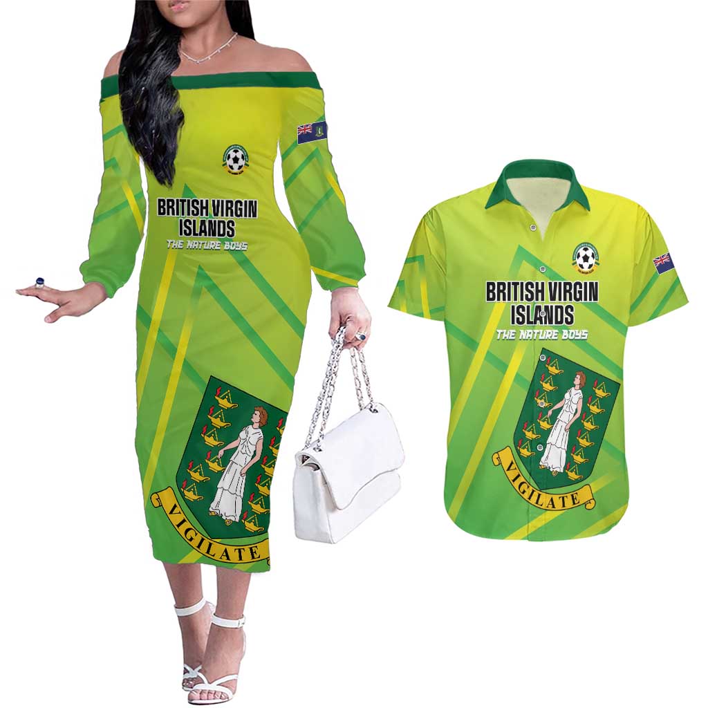 Custom British Virgin Islands Football Couples Matching Off The Shoulder Long Sleeve Dress and Hawaiian Shirt Come On The Nature Boys
