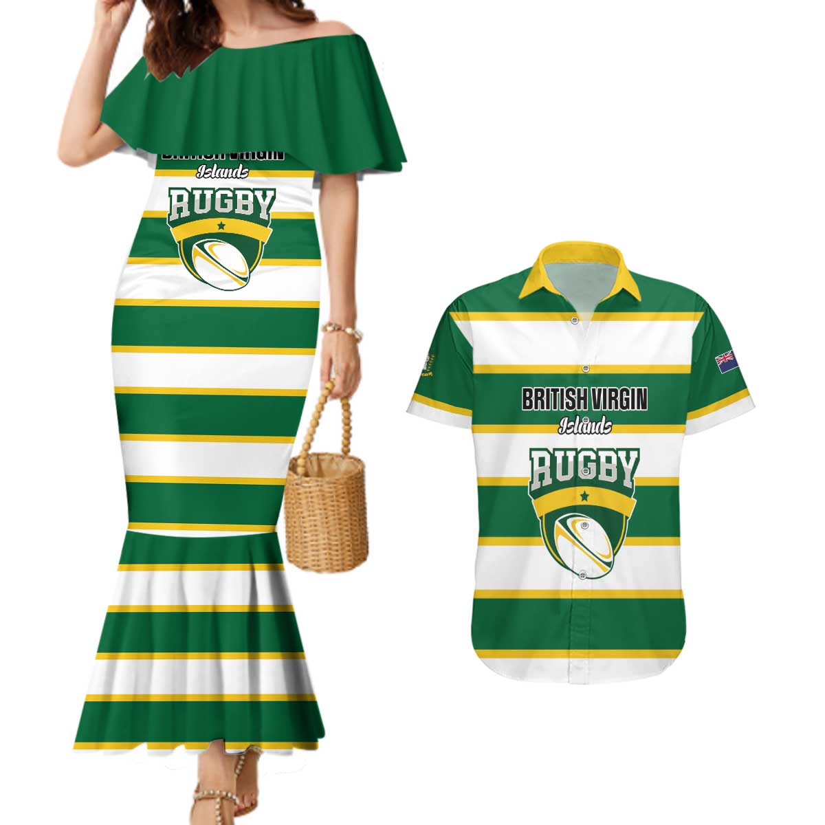 Custom British Virgin Islands Rugby Couples Matching Mermaid Dress and Hawaiian Shirt Team BVI Go Champions