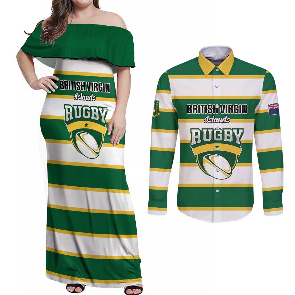 Custom British Virgin Islands Rugby Couples Matching Off Shoulder Maxi Dress and Long Sleeve Button Shirt Team BVI Go Champions