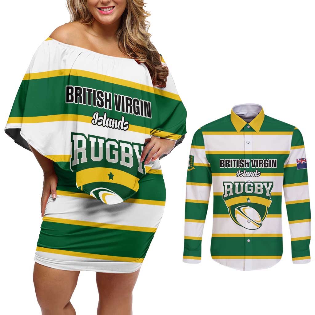 Custom British Virgin Islands Rugby Couples Matching Off Shoulder Short Dress and Long Sleeve Button Shirt Team BVI Go Champions