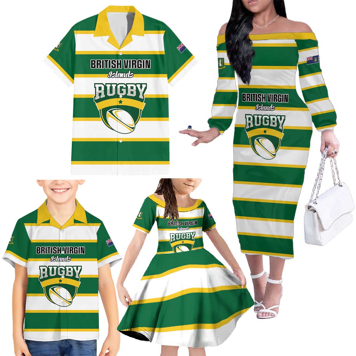 Custom British Virgin Islands Rugby Family Matching Off The Shoulder Long Sleeve Dress and Hawaiian Shirt Team BVI Go Champions