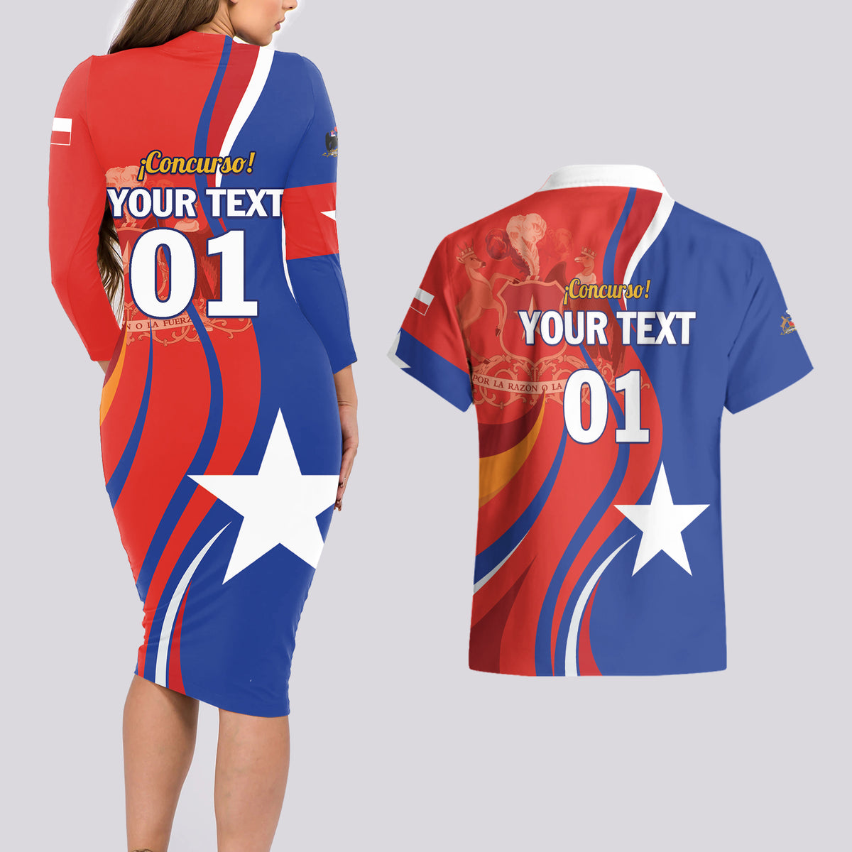 Personalized Chile 2024 Football Couples Matching Long Sleeve Bodycon Dress and Hawaiian Shirt Concurso La Roja - Wonder Print Shop