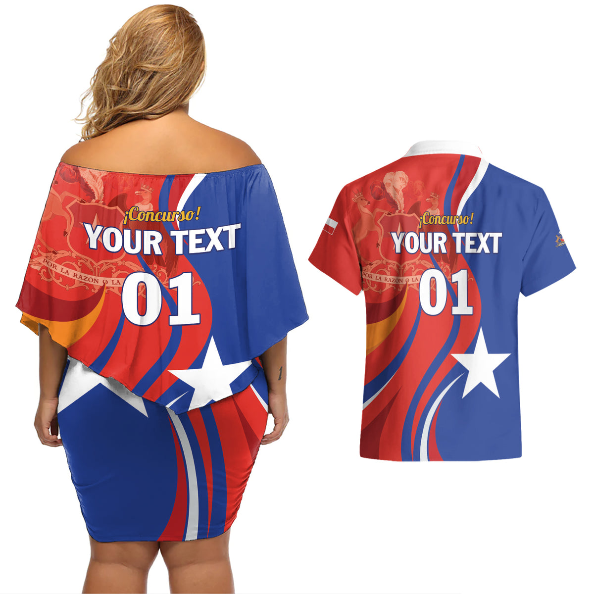 Personalized Chile 2024 Football Couples Matching Off Shoulder Short Dress and Hawaiian Shirt Concurso La Roja - Wonder Print Shop