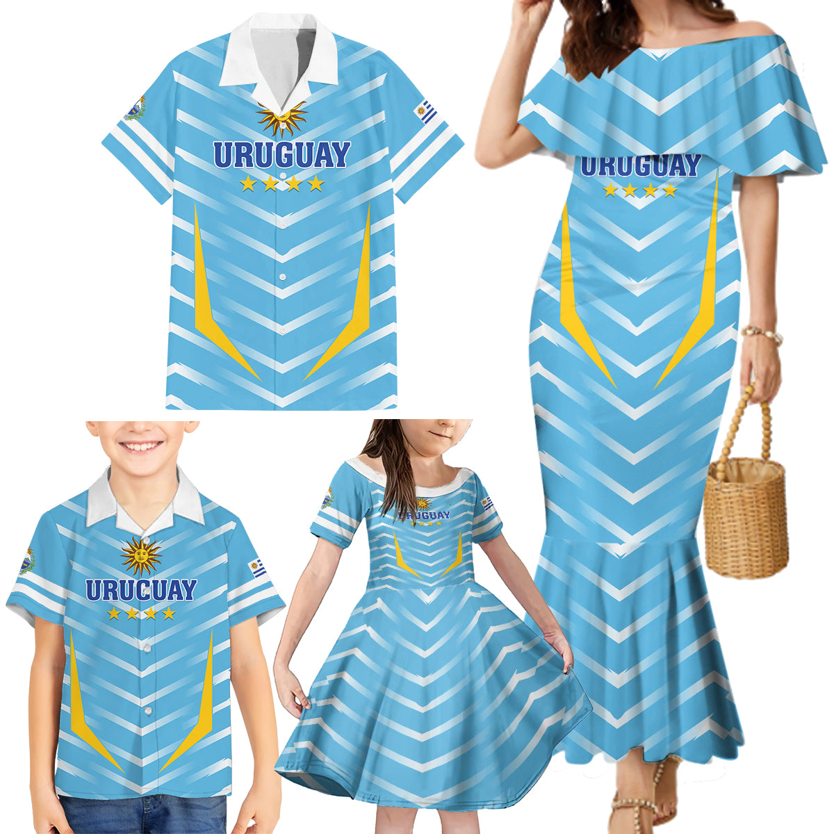 Personalized Uruguay 2024 Football Family Matching Mermaid Dress and Hawaiian Shirt Come On La Celeste