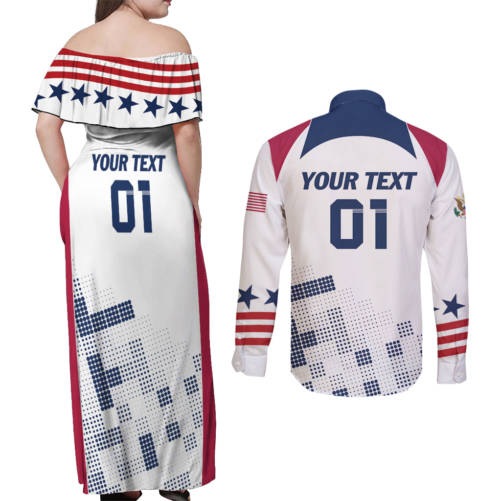 Personalized USA 2024 Soccer Couples Matching Off Shoulder Maxi Dress and Long Sleeve Button Shirt The Stars and Stripes Go Champion - Wonder Print Shop