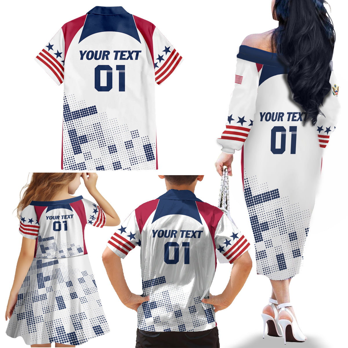 Personalized USA 2024 Soccer Family Matching Off The Shoulder Long Sleeve Dress and Hawaiian Shirt The Stars and Stripes Go Champion - Wonder Print Shop