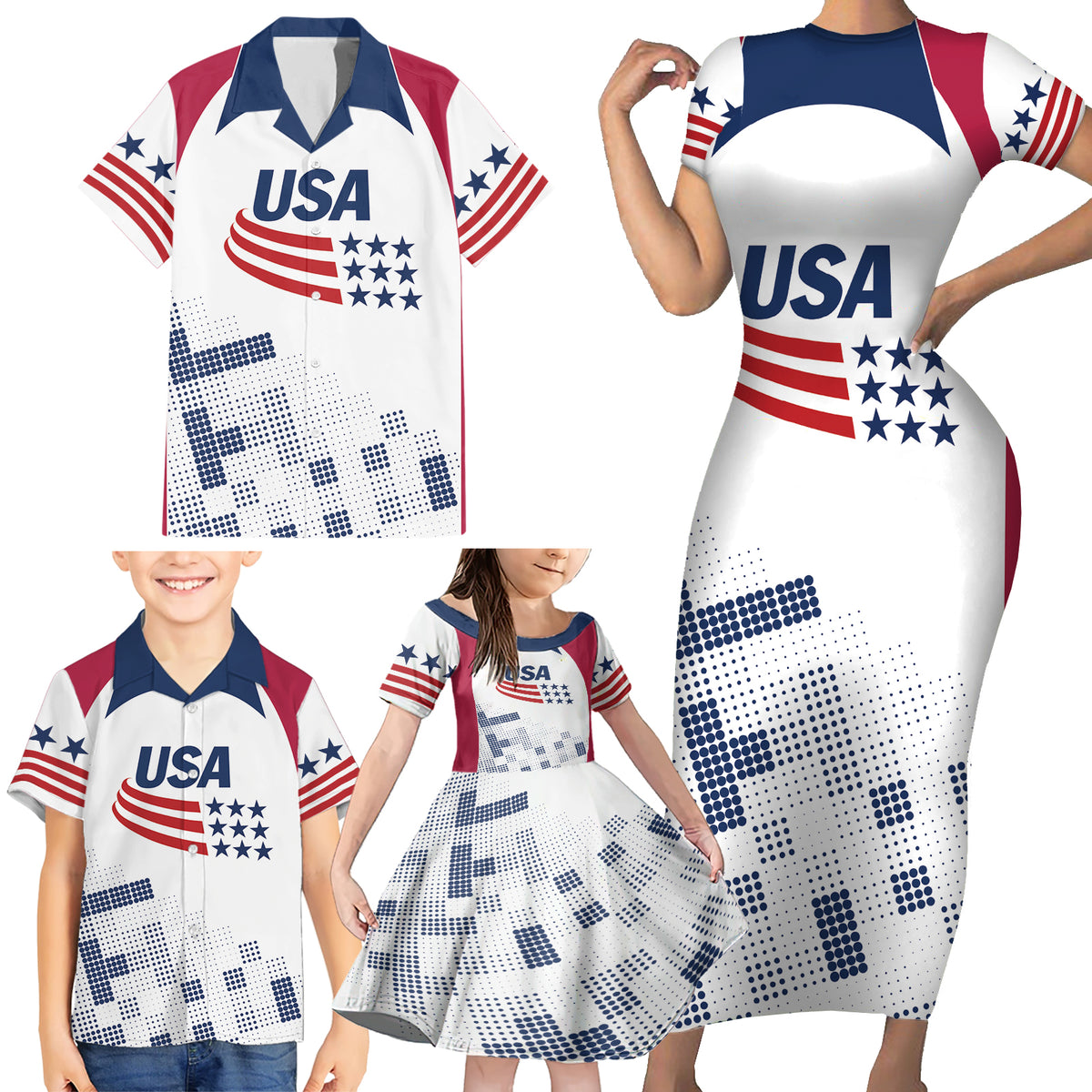 Personalized USA 2024 Soccer Family Matching Short Sleeve Bodycon Dress and Hawaiian Shirt The Stars and Stripes Go Champion - Wonder Print Shop
