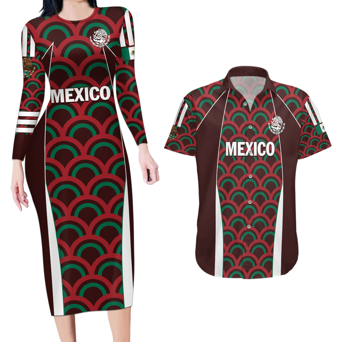 Personalized Mexico 2024 Football Couples Matching Long Sleeve Bodycon Dress and Hawaiian Shirt Come On El Tri - Wonder Print Shop