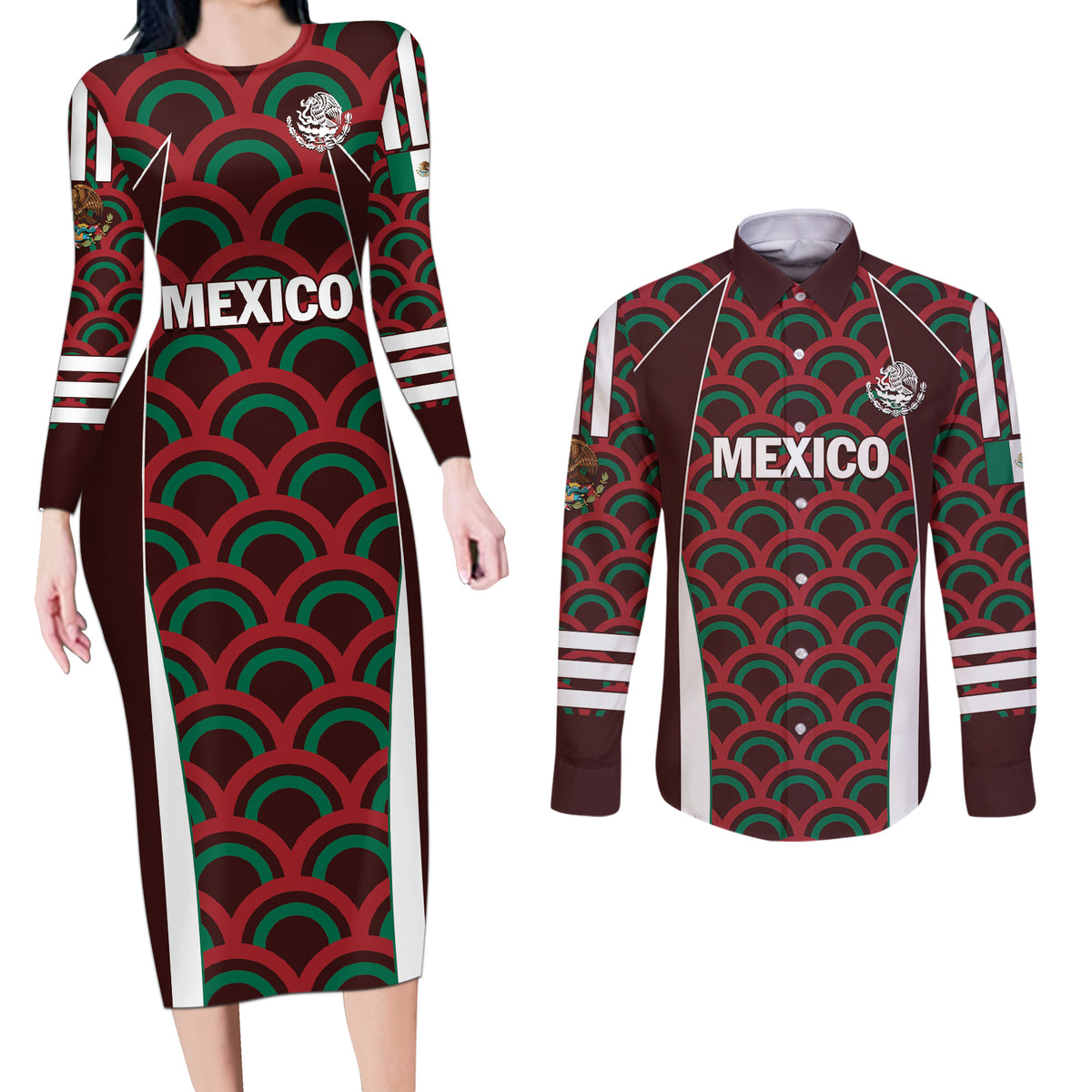 Personalized Mexico 2024 Football Couples Matching Long Sleeve Bodycon Dress and Long Sleeve Button Shirt Come On El Tri - Wonder Print Shop