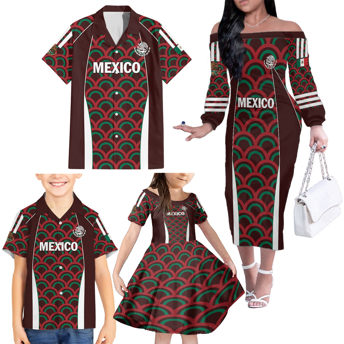 Personalized Mexico 2024 Football Family Matching Off The Shoulder Long Sleeve Dress and Hawaiian Shirt Come On El Tri - Wonder Print Shop