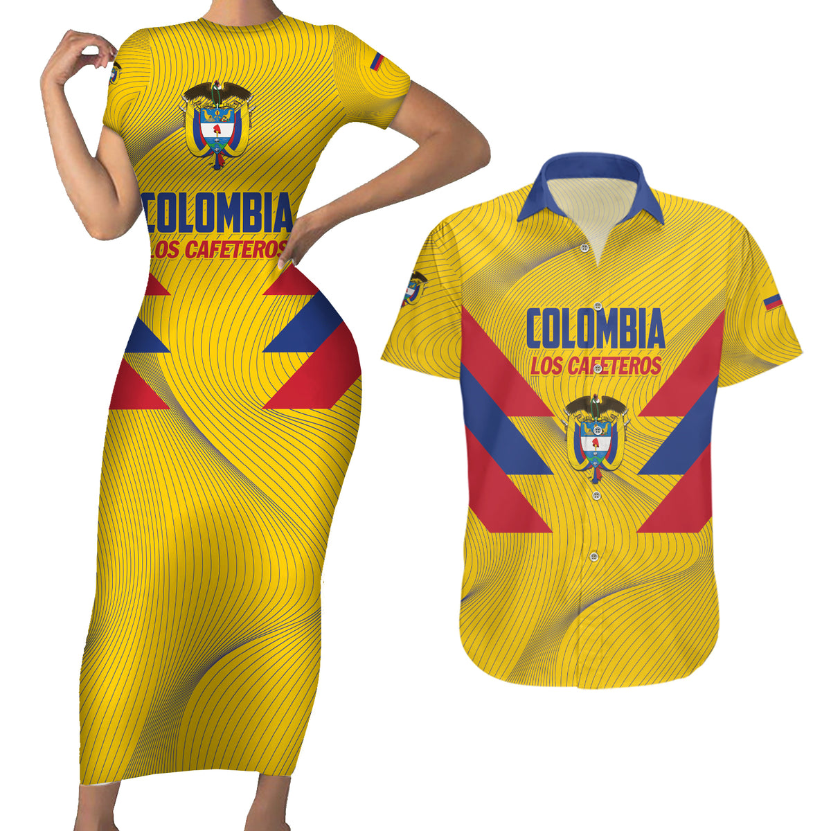 Personalized Colombia 2024 Football Couples Matching Short Sleeve Bodycon Dress and Hawaiian Shirt Go Los Cafeteros - Wonder Print Shop