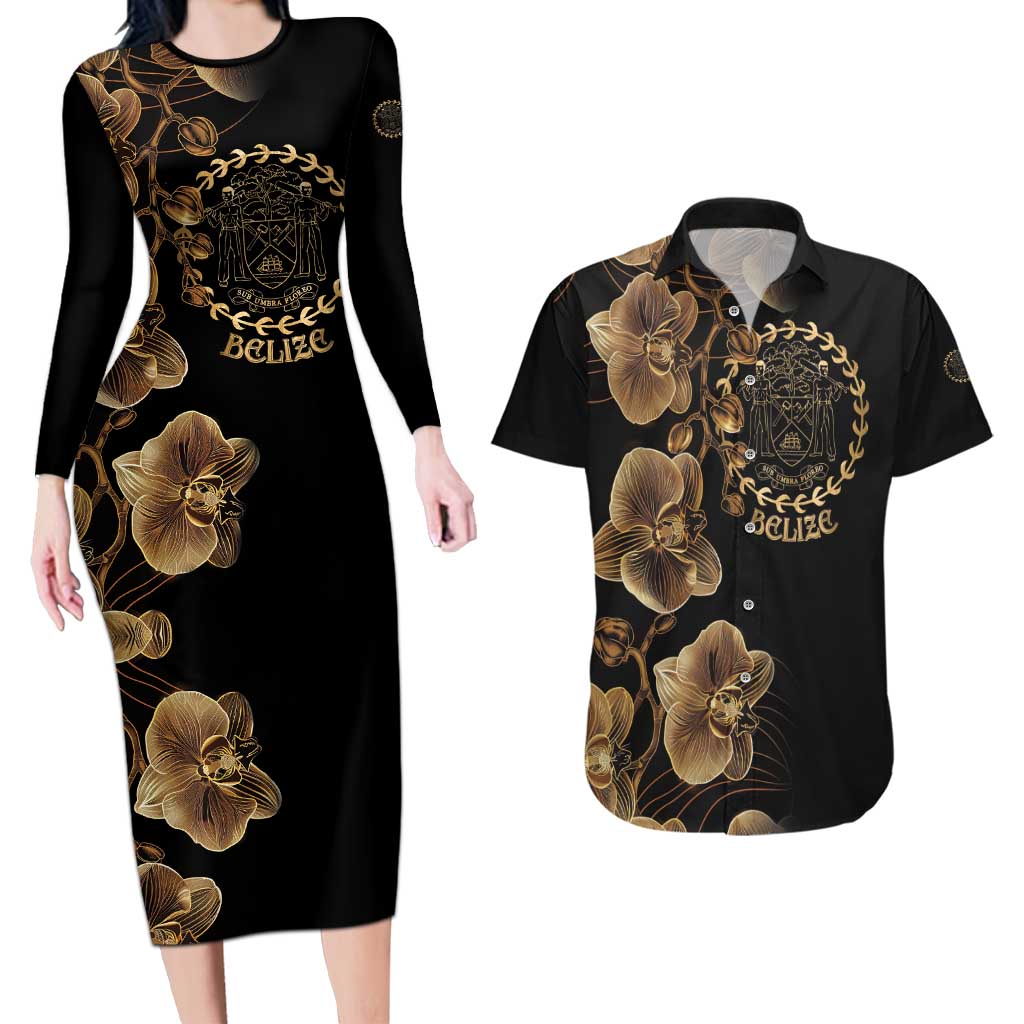 Belize Gold Orchid Couples Matching Long Sleeve Bodycon Dress and Hawaiian Shirt Luxury Stylized